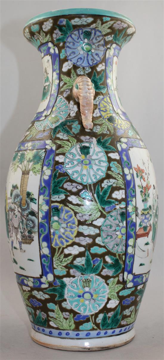 A Chinese famille verte two handled vase, late 19th / early 20th century, 38cm